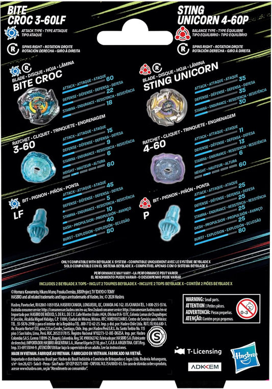 Beyblade X Bite Croc 3-60LF and Sting Unicorn 4-60P Top Dual Pack Set